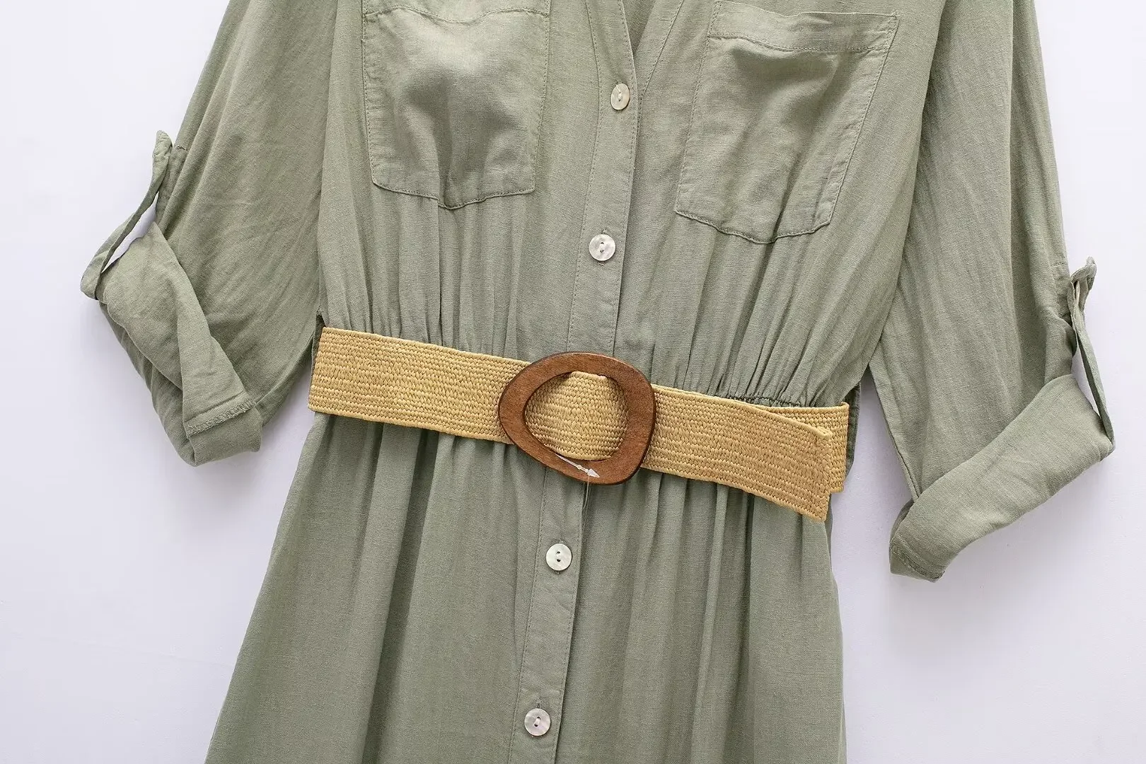 Vestido camisero de yute con cinturón para Mujer, elegante, Vintage, manga larga, Otoño, 2024