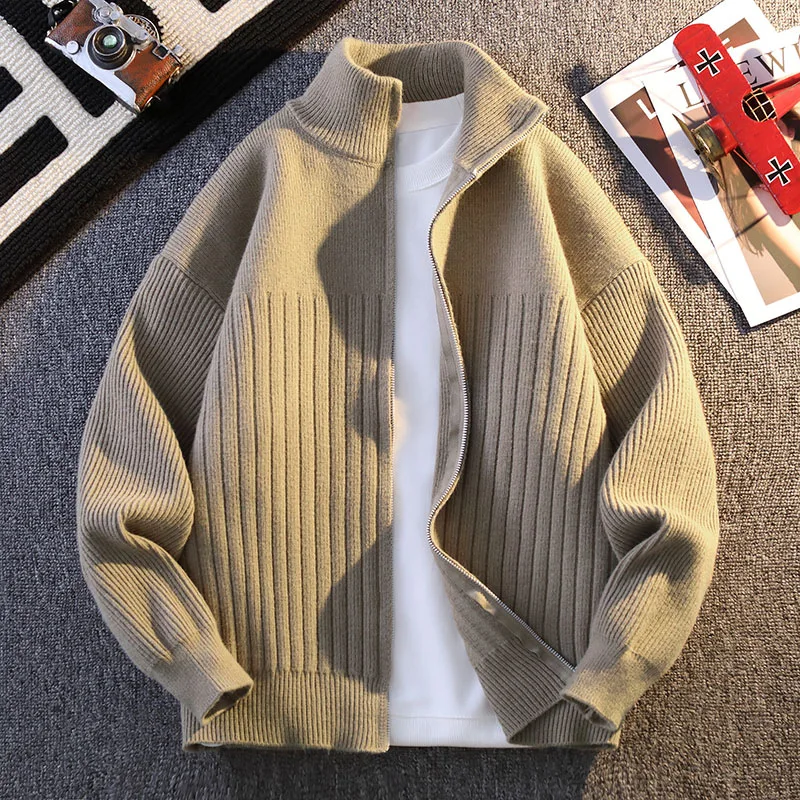 Nova moda masculina gola cardigans sweatercoats qualidade masculino mais grosso quente casual malhas cardigans outwear blusas soltas 4