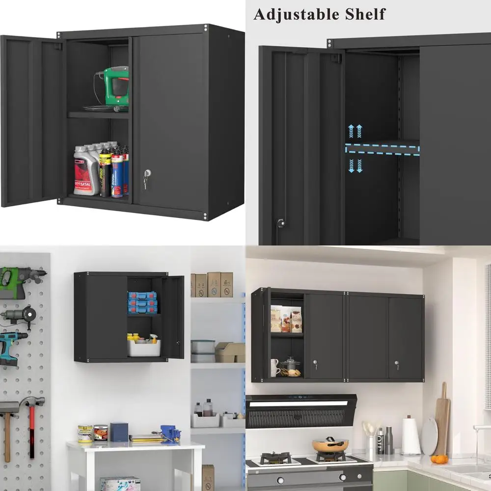 

Металлический шкаф для хранения 28 дюймов с дверцами и полками для гаража, кухни, прачечной, кладовой - черный