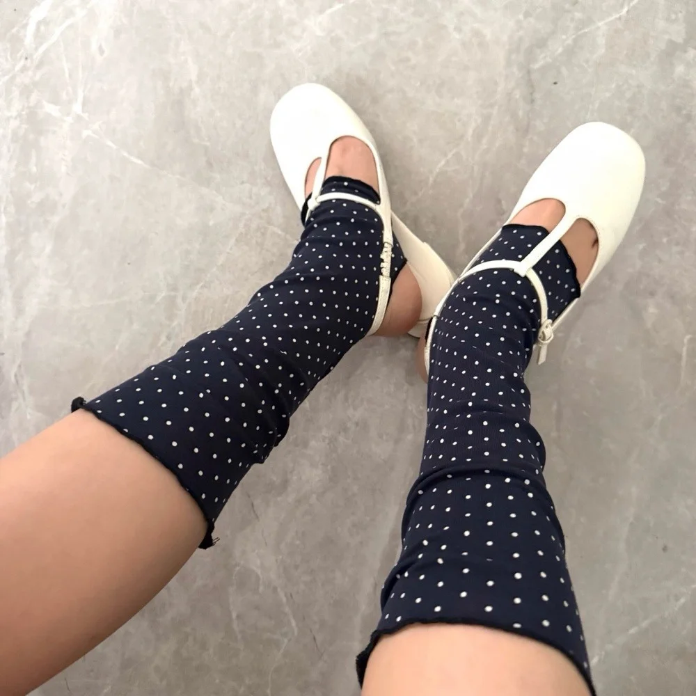 Korean Style Ruffle Edge Polka Dot Leg Warmer Slouch Mid Calf Socks Women Soft Thin Stackable Dot Print Knee High Decorations view 5