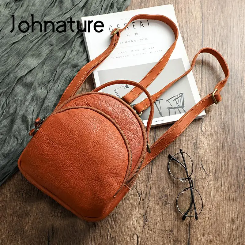 Johnature Handmade Vintage Genuine Leather Bagpack Women Backpack 2024 New Leisure Soft Cowhide Solid Color Travel Bag