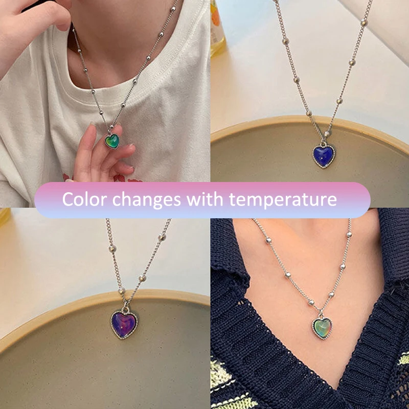 Candy Color Changing Heart Pendant Necklace For Women Simple Design Temperature Sensitive Stone Peach Choker Party Jewelry