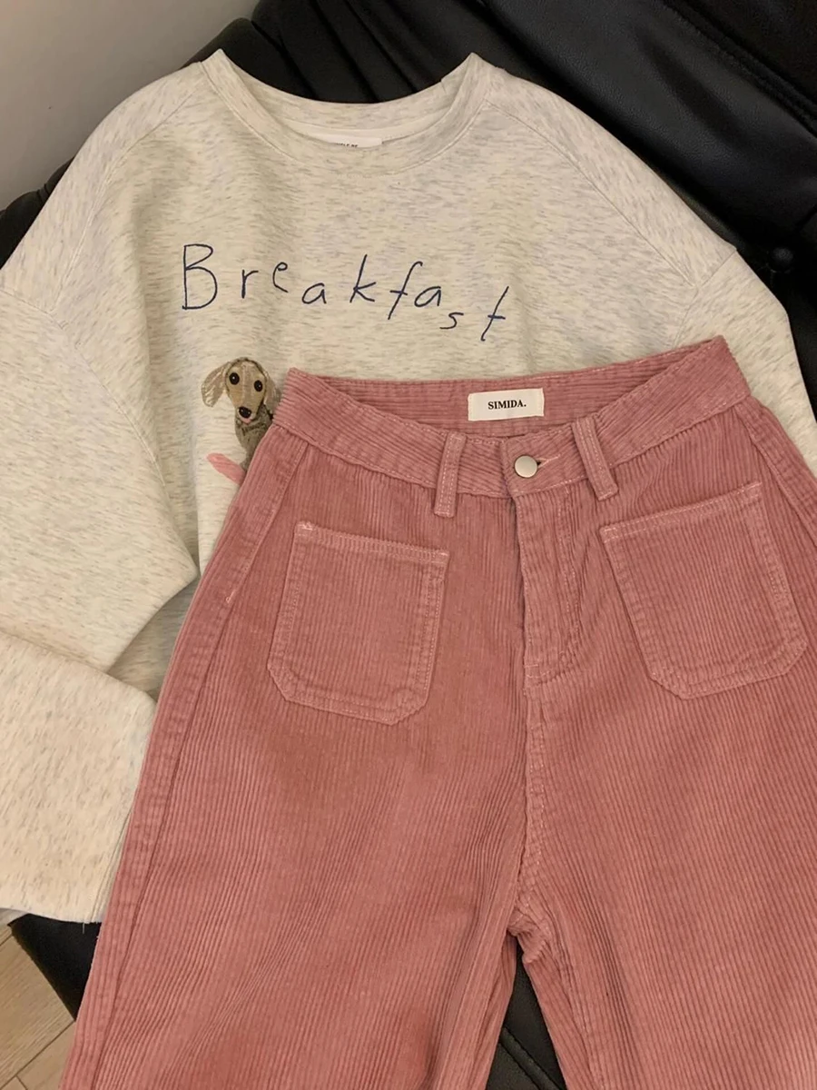 ReddaChic femmes automne hiver rose velours côtelé pantalon rétro jambe large pantalon dame décontracté taille haute solide pantalon rue Chic vêtements