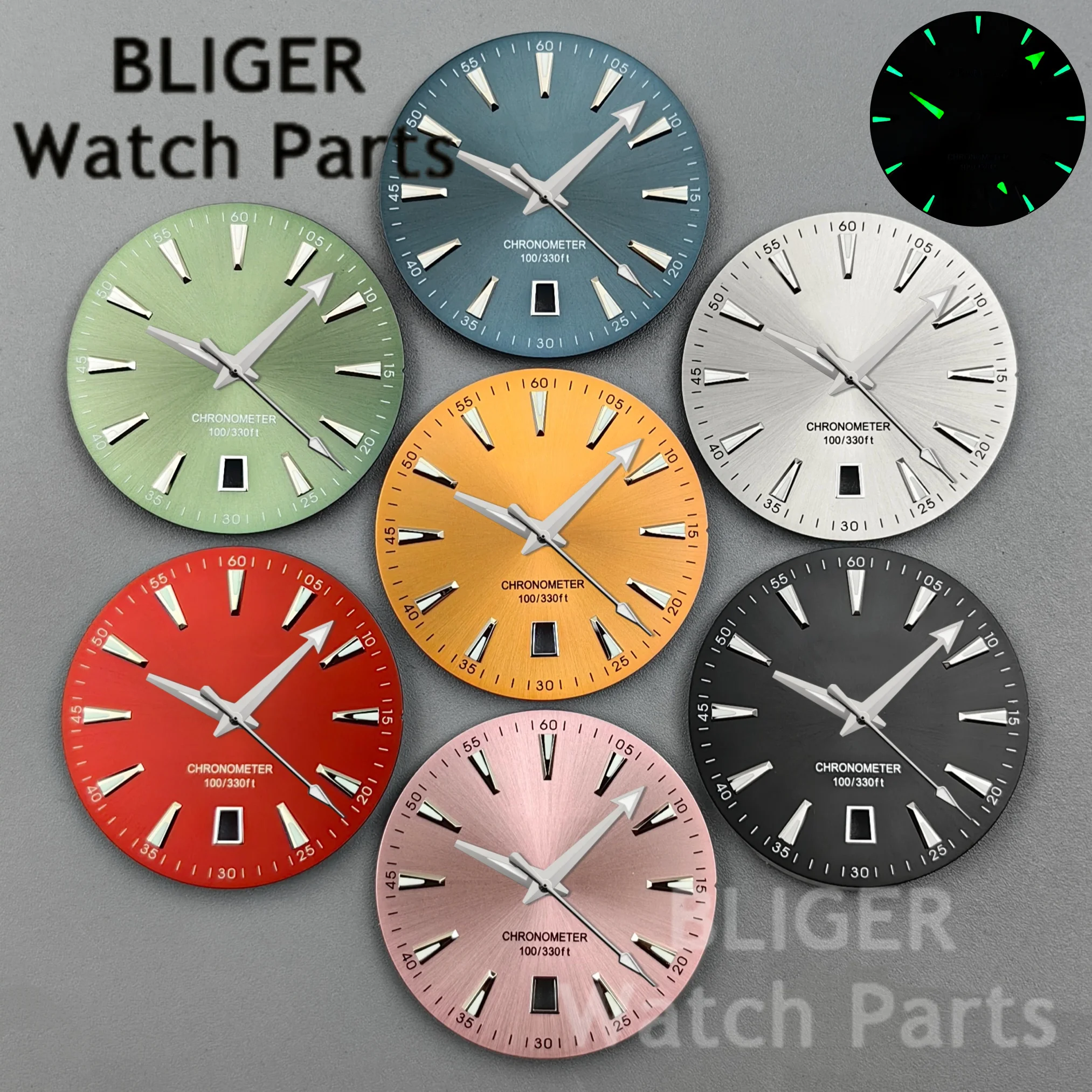 BLIGER NH35 33.5mm Gradient Lake Blue Watch Dial Hands Green Luminous 6 o'clock Calendar For NH35 NH36 Movement Mod Watch Parts