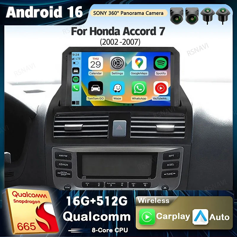 Android 16 Carplay Car Radio For Honda Accord 7 2002 2003 - 2007 Multimedia Video Player Navigation GPS Stereo 2Din DVD WIFI+4G
