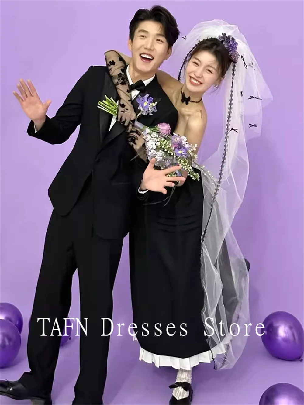 TAFN 웨딩드레스 Korea Simple Wedding Reception Dresses Photo Shoot Black Strapless A-line Evening Party Dresses Custom Made