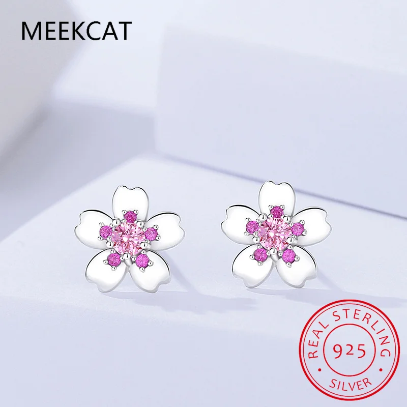 Flower Created Pink Sapphire 925 Sterling Silver Cherry Blossoms Stud Earring for Woman Statement Gemstone Jewelry Party Gift