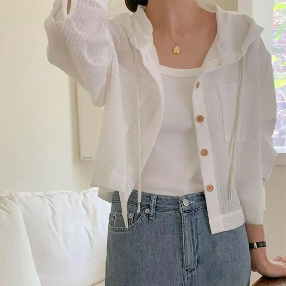 Женский кардиган с защитой от ультрафиолета для женщин, полосатая рубашка на пуговицах с капюшоном на шнурке, кардиган с длинными рукавами для женщин