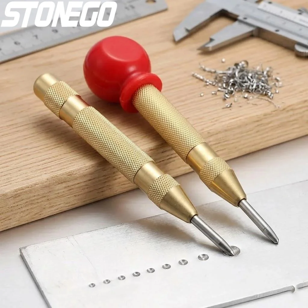 Automatic Center Punch Spring Loaded Metal Drill Bit Starter Adjustable Impact Force Anti-Slip Knurled Handle Multi-Surface Precision Hand Tool Emergency Window Breaker Car Safety Glass Breaking Woodworking Steel Marking Center Hole Puncher For DIY Use