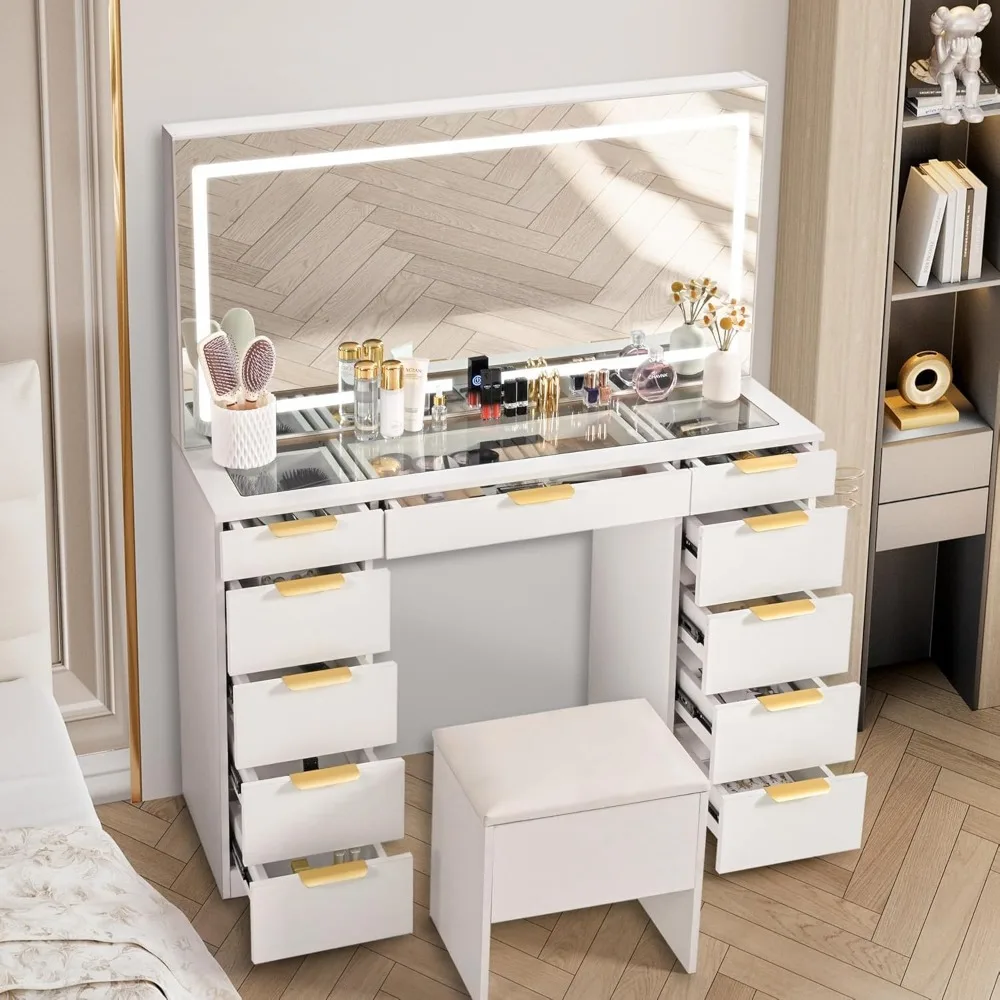 

Glass Top Vanity Desk with Mirror and Lights, 11 Drawers Makeup Vanity with Golden Handles, 3 Lighting Modes Upgraded