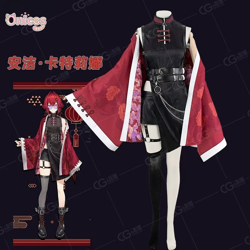 Vtuber Ange Katrina ‌ Disfraz de Cosplay, Conjunto Completo, Traje Negro y Rojo, Peluca, para Mujer, Halloween, Carnaval, Fiesta, Comic Con, Ropa para Juego de Roles