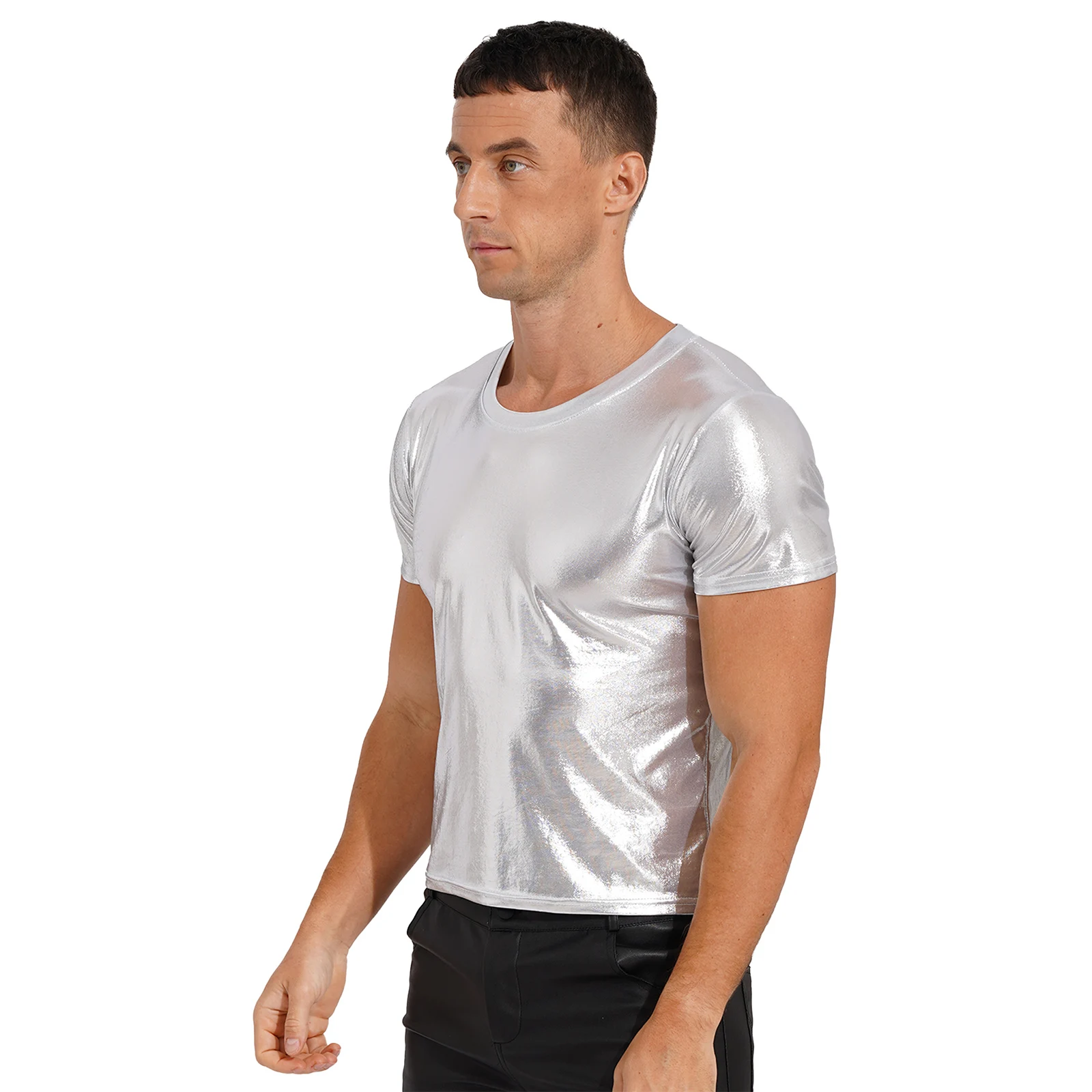 Mens Shiny Metallic T-shirt Tops Male Clothing Round Neck Glossy Solid Color Short Sleeve Pole Dance Party Rave Festival Outfit