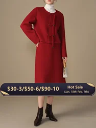 DUSHU 100% Wool Plus Size Two Color Jacket Skirt Suit 2024 Fall Winter New Versatile Fashion Suit Jacket Red Half-body Skirt