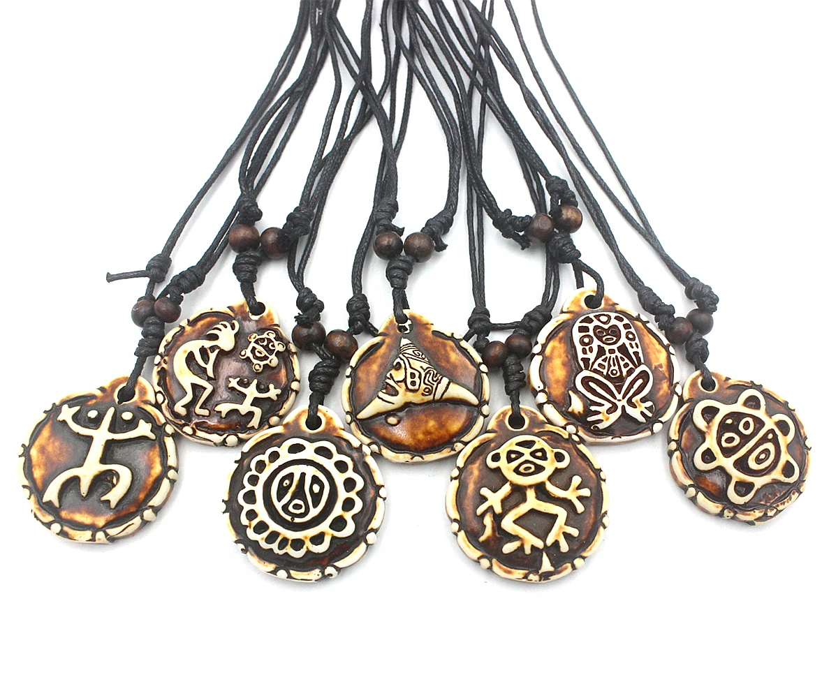 7PCS MIXED Puerto Rico Tribal Sun Coqui Taino Kokopelli CAGUANA (SEATED TAINO) Necklaces Pendants Men Women Wax Cord Jewelry