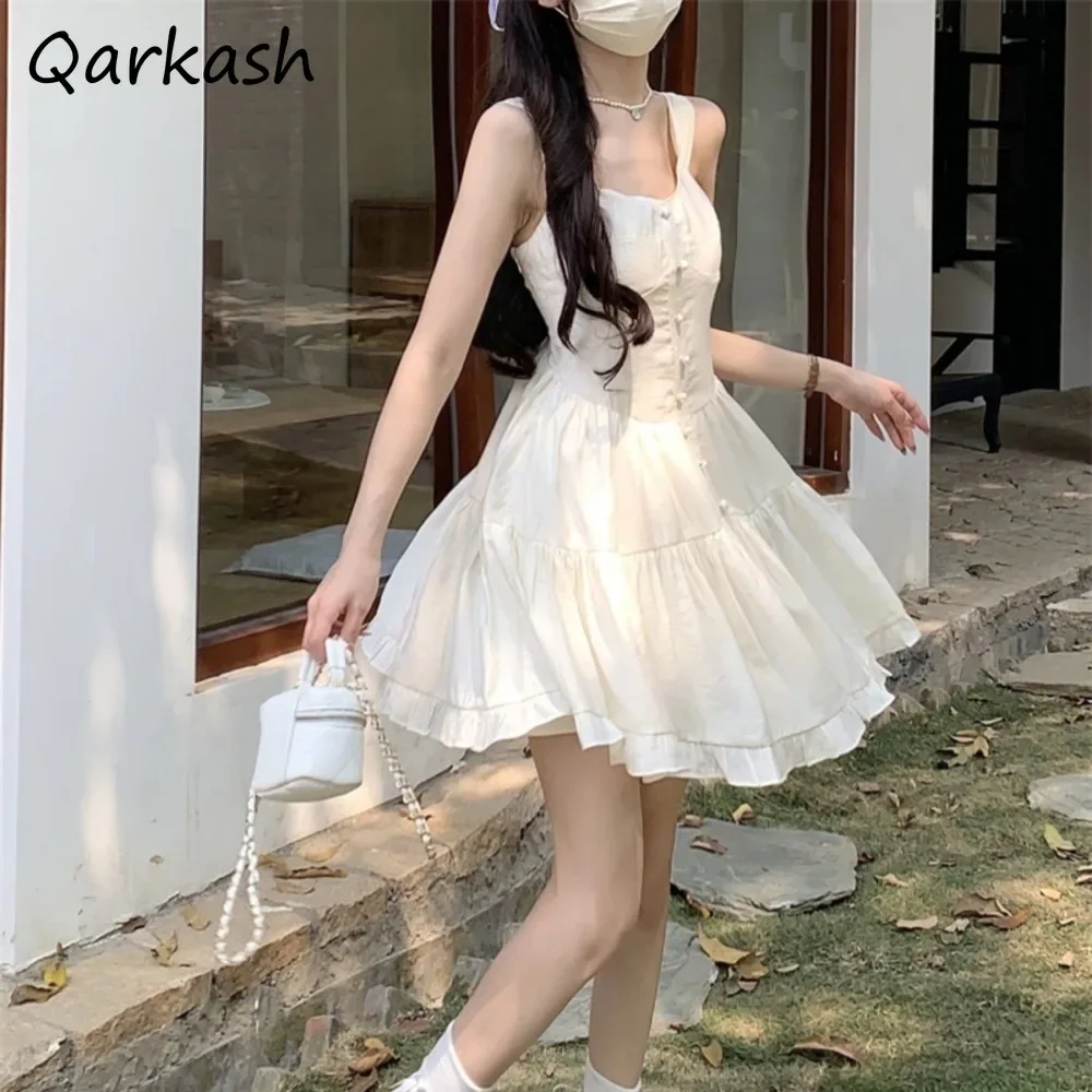 

Dresses Women Slim Fungus All-match Solid Sleeveless A-line Tender Sweet Girls College Korean Style Charming Princess Popular