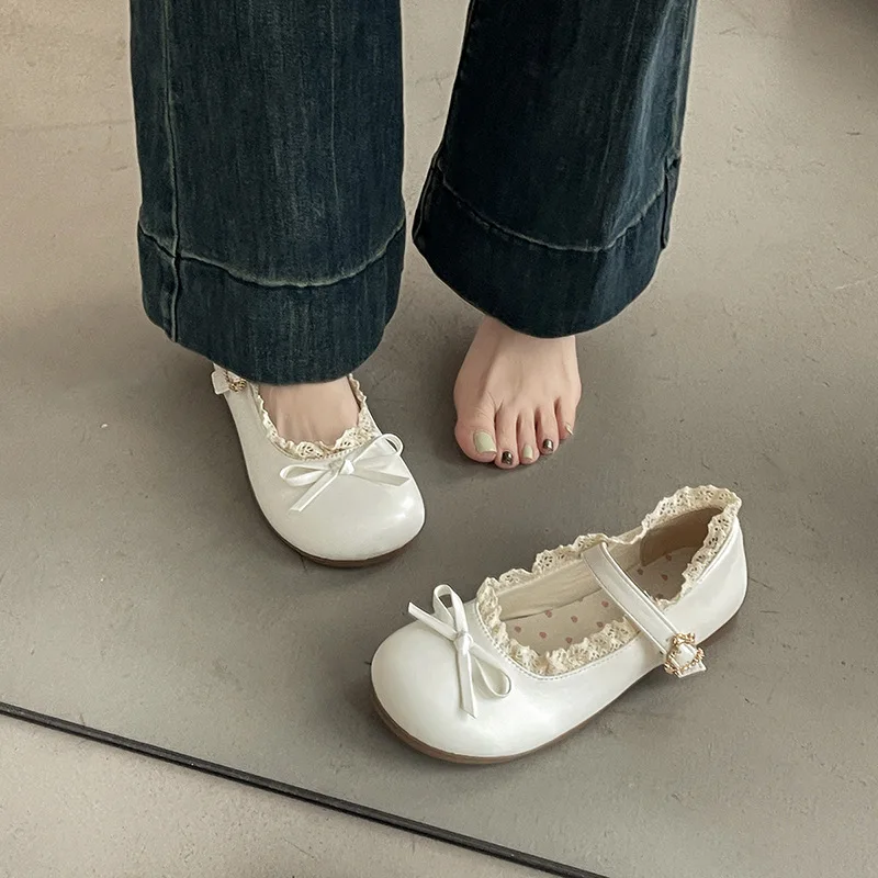 1.5cm Kawaii Lolita Style Girl Flat Shoes Heart Print Lining Lace Trim Bow Decor Wedding Birthday Performance Mary Jane Shoes