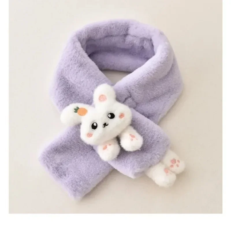 1pcs Boys Girls Winter Scarfs Thick Plush Cros Children\'s Scarf Baby Bib Cute Cartoon Rabbit Faux Fur Neck Protection Warm Shawl