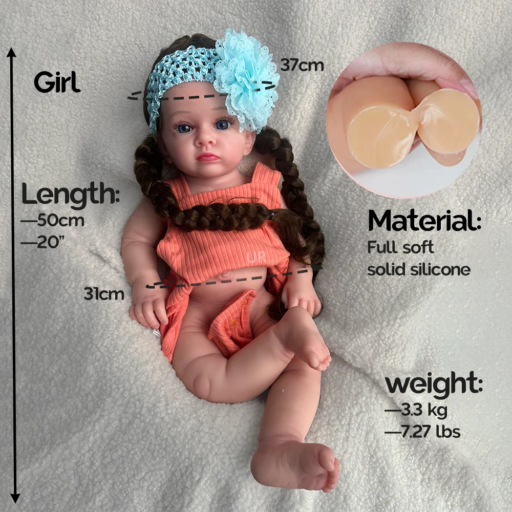 20Inch Finished Full Silicone Reborn Baby Dolls Lifelike Adorable Newborn Girl Implanted hair Christmas Gift for Kids Collector