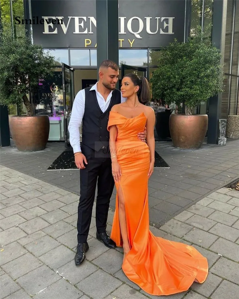 Smileven Orange Pleats Mermaid Evening Dress Slik Satin Prom Dresses robe de soirée Off The Shoulder Party Gowns 2024