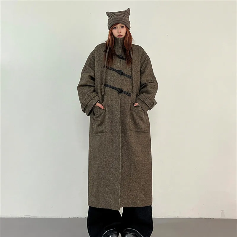 

Autumn Women Vintage Coffee Color Long Faux Woolen-Clothes Coat Loose Stand Collar Ox Horn Button Long Sleeve Female Overcoat