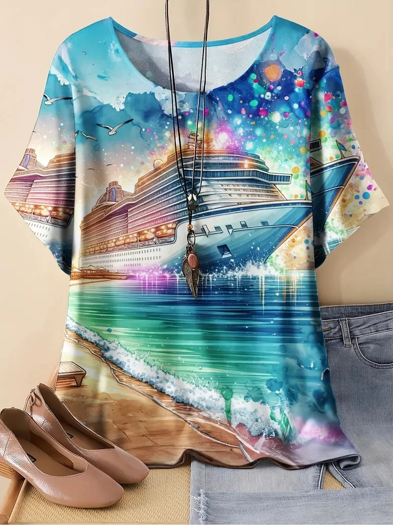

Women's Plus Size 3D Ocean Cruise Printed Short Sleeved T-shirt,loose and Casual,soft,comfortable and Breathable, Outdoor Sports