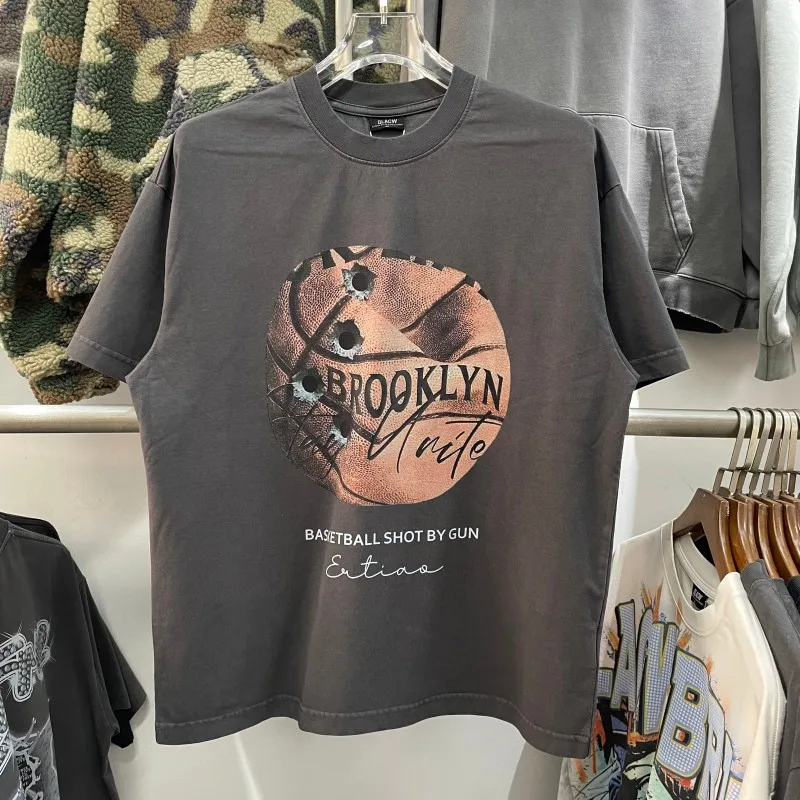 Washed Casual round Neck Short Sleeve Basketball Print Oversize Men's T-shirt Cotton Comfortable Loose Fit Vintage Style