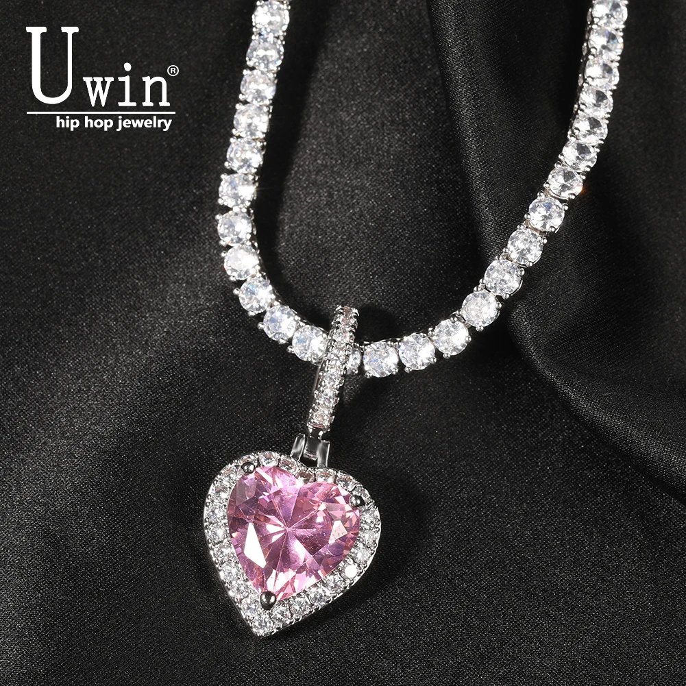 

Uwin 9mm Cuban Chain Heart Gem Pendent Pink Cubic Zirconia Necklaces Iced Out Tennis Chain Pink Charm Hiphop Jewerly