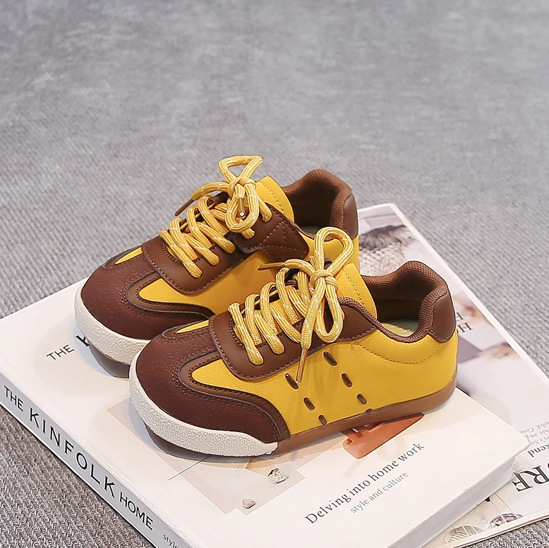 Kids Retro Color Block Sneakers Stitch Lace Up Non Slip Rubber Sole Three Tone Toddler Light Daily Walking Casual Footwear