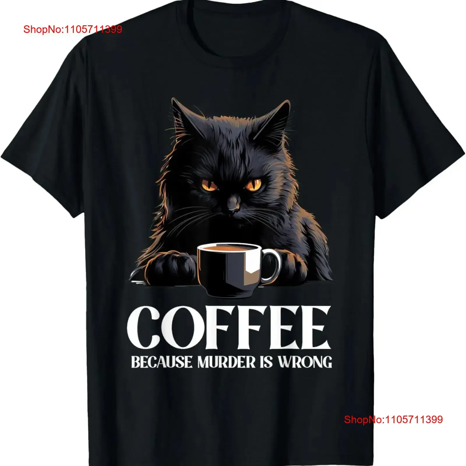 Vintage Black Cat Drinking Coffee Because Murder Is Wrong T Shirt long or short sleeves vintage Washed Stylish fashion