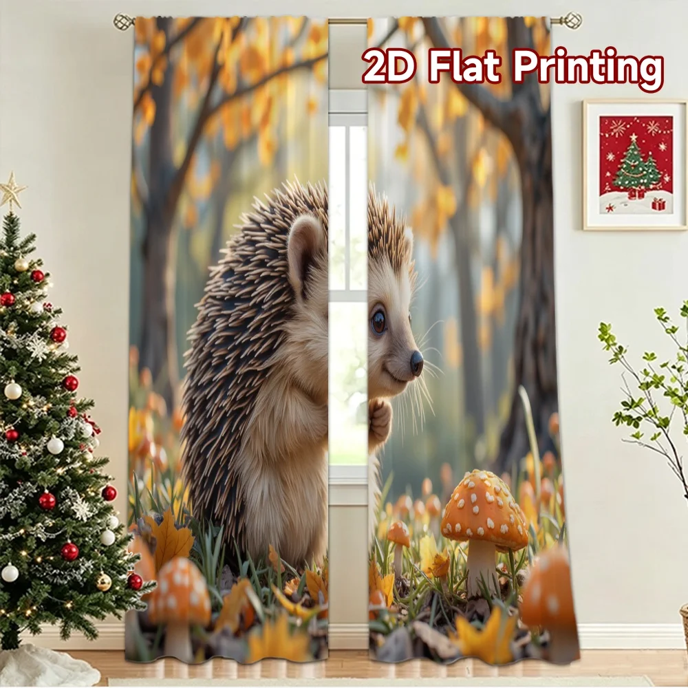 2D flat 2pcs Curtain Country Style Autumn Hedgehog and Mushrooms Digitally printed polyester Birthday Party Use for Holiday Home