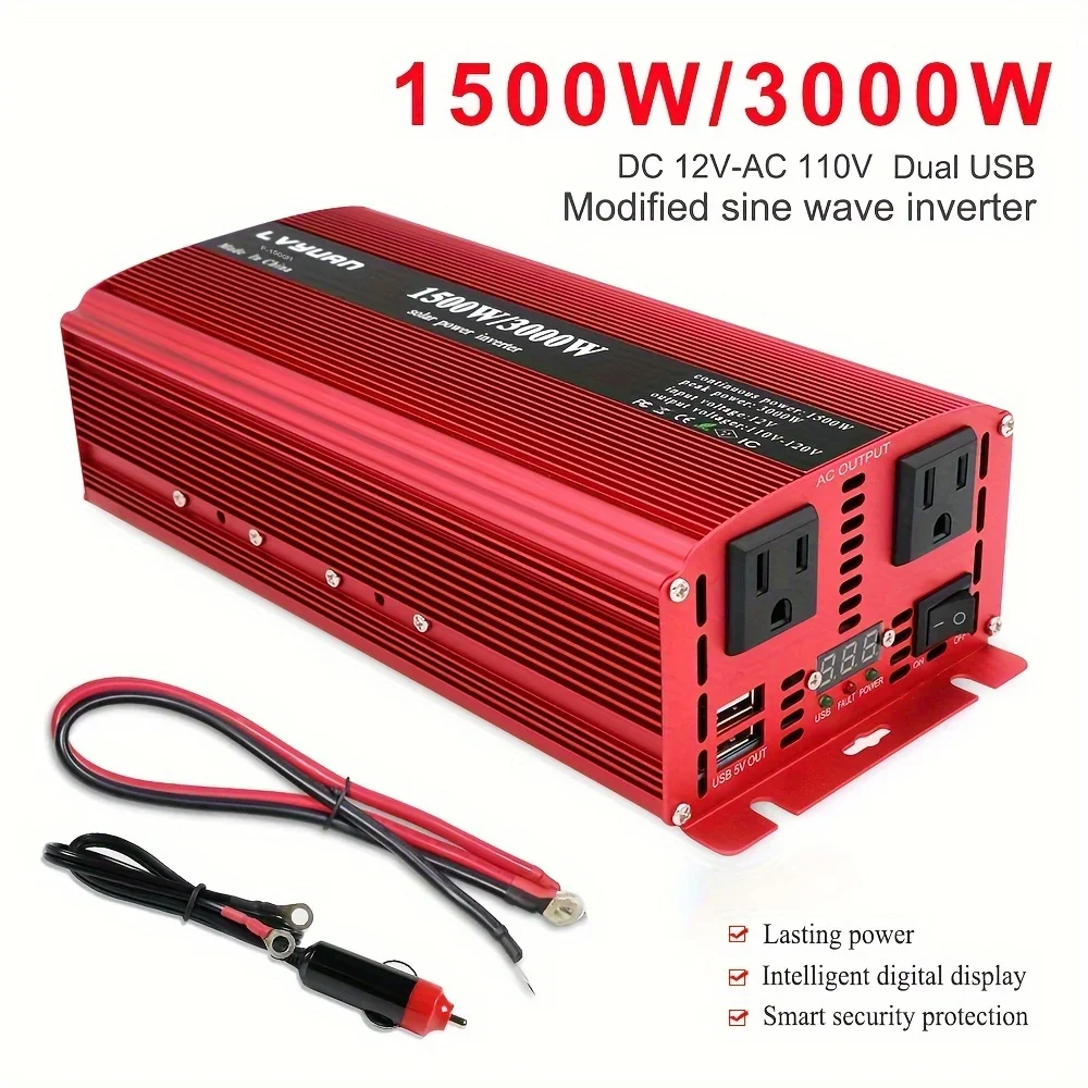 

Powerful 1500W DC 12V to 110V AC Car Inverter with Dual USB Ports and AC Sockets, Ideal for Car, Home, Outdoor, and Camping Use