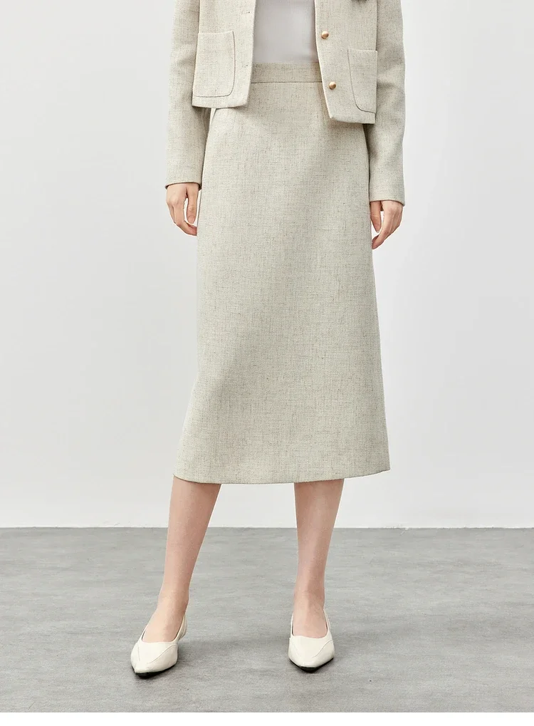 SENTUBILA Tweed Gonne dritte per le donne 2025 Primavera Autunno AAalbicocca Miscela di lino Slit-hem Pendolarismo Elegante gonna semplice 151Q58662