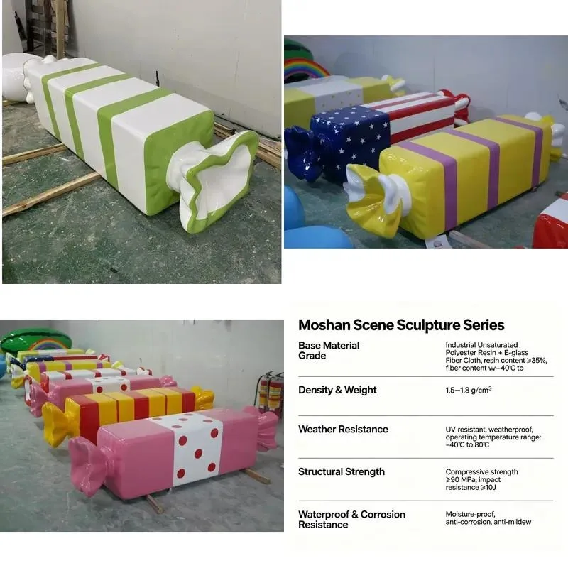 Custom fiberglass candy bench set with outdoor colorful seating sculpture for garden and park decor