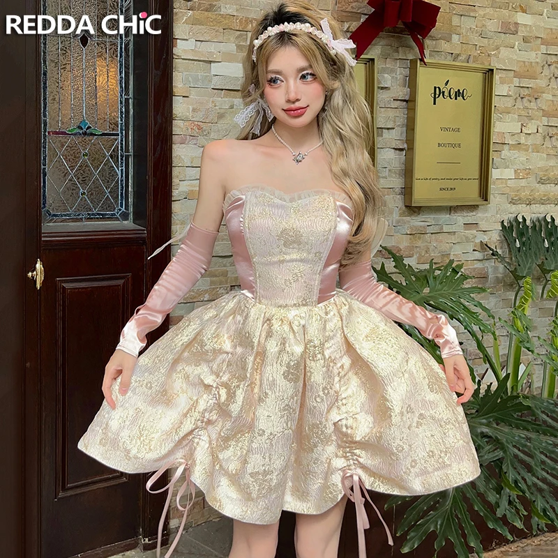 

REDDACHiC Romantic Floral Jacquard Satin Mini Dress Women Medieval Retro Ribbon Arm Sleeves Lace Up Corset Princess Puffy Dress