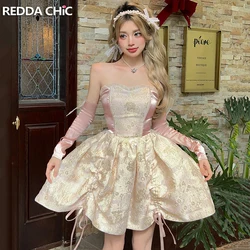 REDDACHiC Romantic Floral Jacquard Satin Mini Dress Women Medieval Retro Ribbon Arm Sleeves Lace Up Corset Princess Puffy Dress