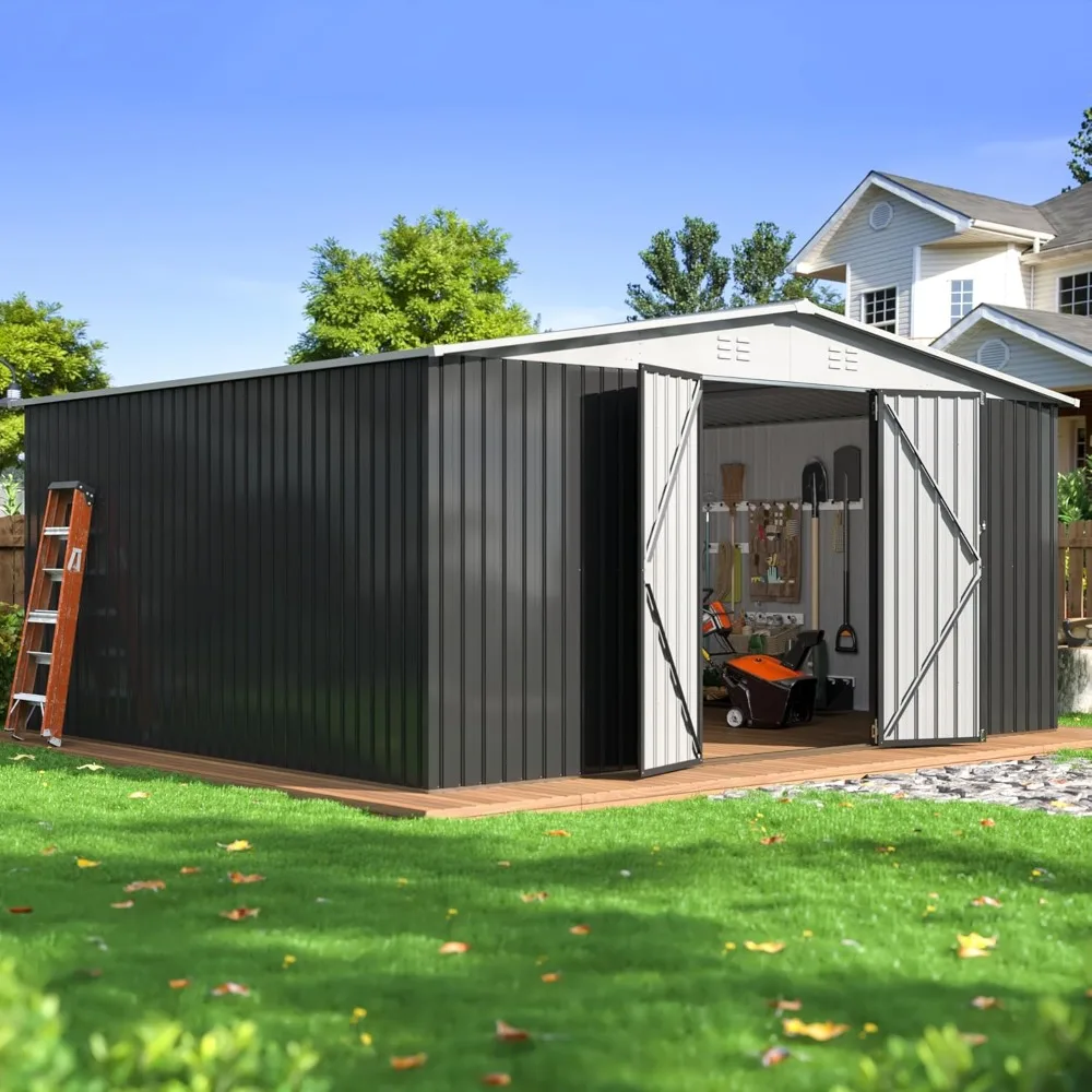 

12x14 FT Outdoor Storage Shed, Utility Metal Tool Storage with Lockable and Frame Structure, Large Metal Garden S