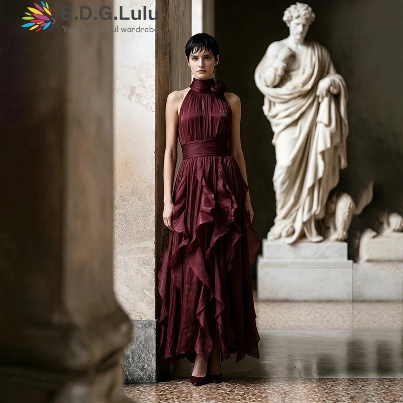 EDGLuLu Design Stand Collar 3d Flower Splicing Birthday Dresses Luxury 2026 Sleeveless Irregular Ruffled Elegant Long Gown 0509