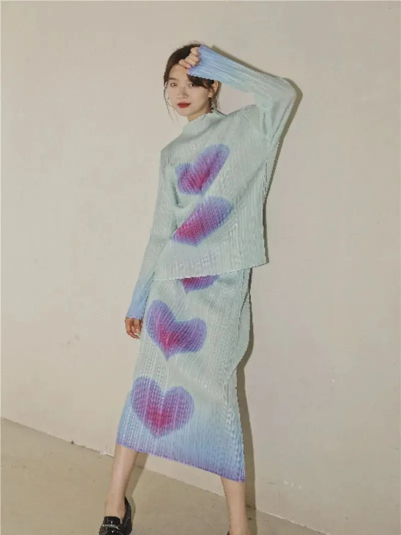 

CHEERART Gradient Heart Print Long Sleeve Top And Blouse Women Turtleneck Ruched Green Ladies Tops Korean Fashion Spring