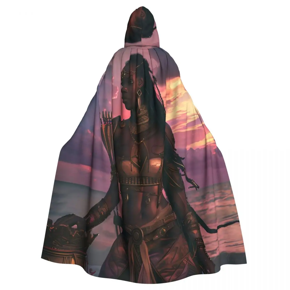 Ashanti Empire Warrior의 Letricia 여왕 긴 후드 망토 마녀 중세 의상 코스프레 케이프 HalloweenCoat 성인 유니섹스
