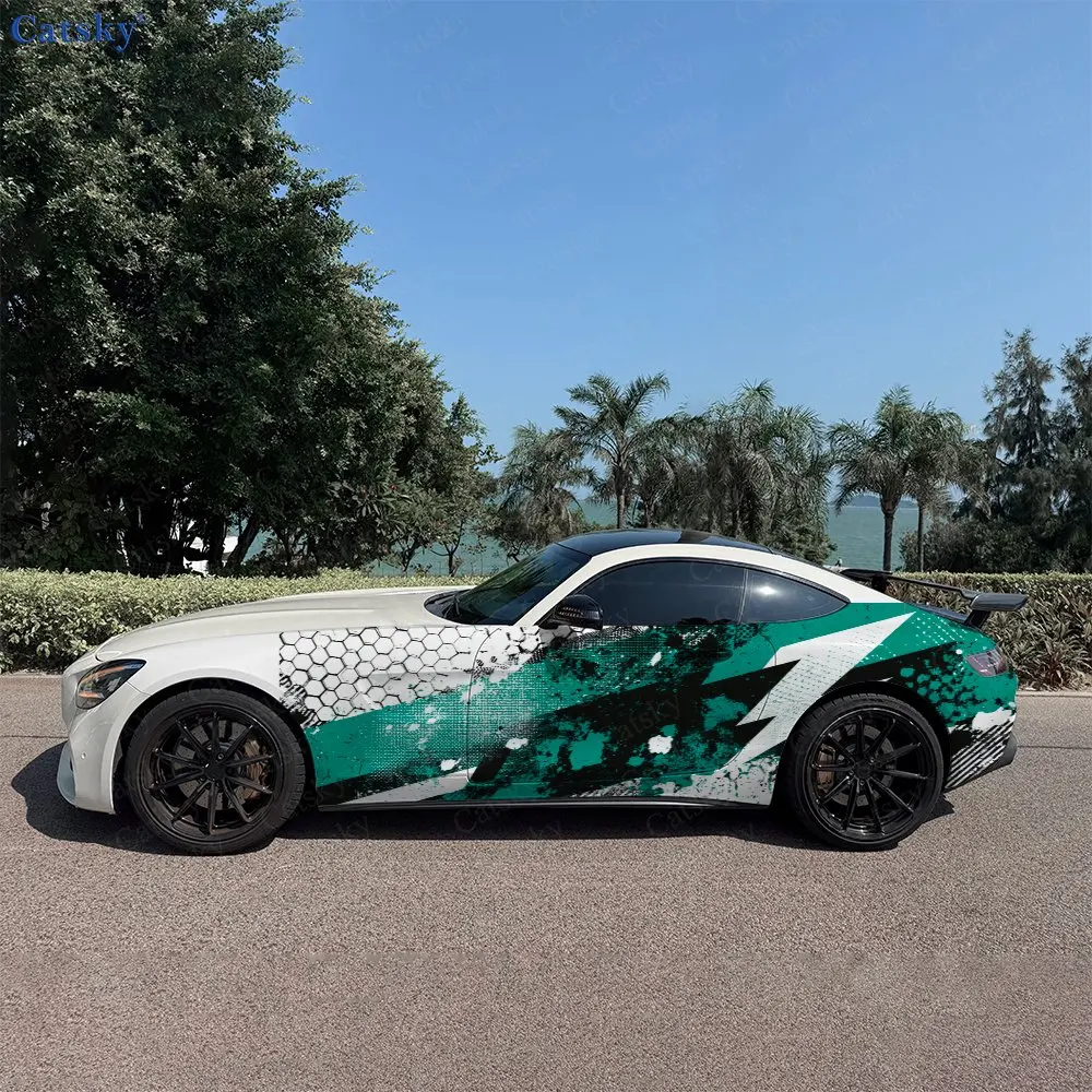 2pcs Teal Green Lightning Honeycomb Car Side Wrap, Self-Adhesive PVC Waterproof & Scratch-Resistant Stickers, Car Accessory Gift