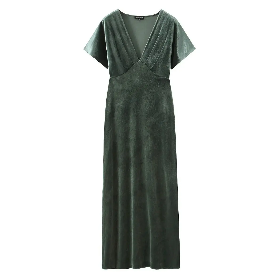 

Autumn Women's Elegant V Neck Short Sleeve Pleated Solid Velvet Maxi Dress Ladies High Street Casual Midi Skirt TRAF