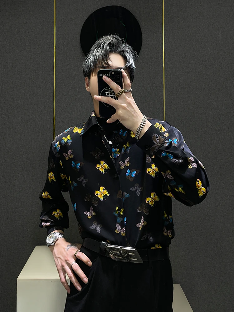 

Men's Print Ice Silk irt Spring Summer Lightweight Loose Fit Breathable Long Sve Vintage Chiffon Drapey Top