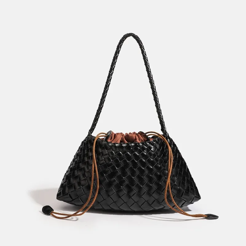 Handmade Intrecciato Woven Shoulder Bag Elegant Drawstring Armpit Hobo Bag, Luxury Soft Leather Handbag for Women Daily Dating