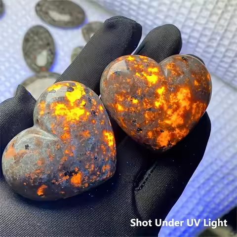 1pc/3pcs Yooperlite Heart Tumbles,UV Reactive Flame Puffy Heart Gems,Emberlite Crystal Decoration Mineral Specimen Pocket Stone