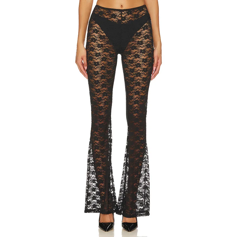 New Fashionable Floral Lace Pants With Versatile High Elasticity And Sexy Perspective Casual Flared Pants