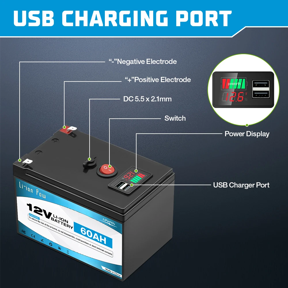12V 60Ah Lithium LiFePO4 Deep Cycle Battery for Solar,Fish Finder, Power Wheels, Lighting, Off-Grid Applications Built-in BMS