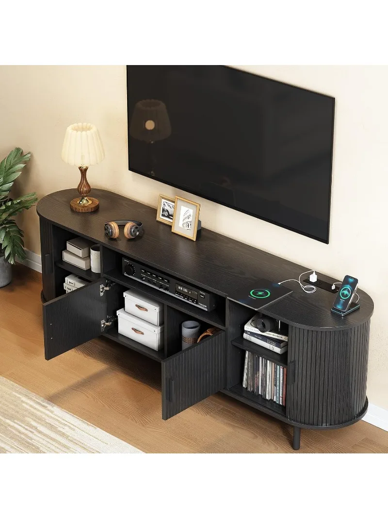 69" Fluted TV Stand w/Power Outlet for TVs up to 80 Inch, Black, Customized view 3