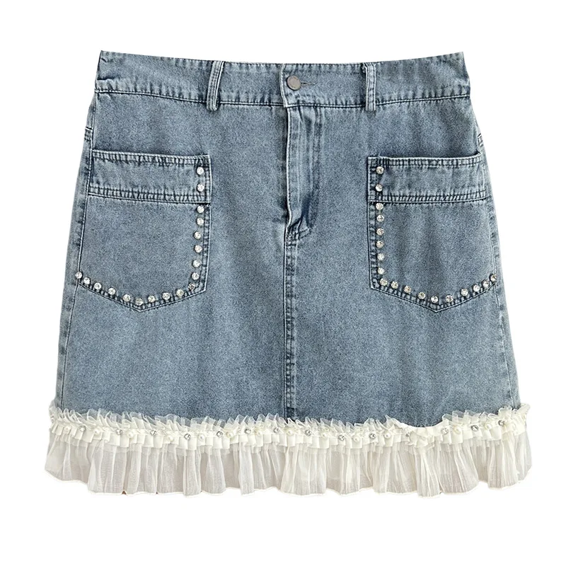 

100KG Summer New Plus Size Women Skirt Fashionable Diamond Beaded Lace Patchwork Denim Skirt 6024