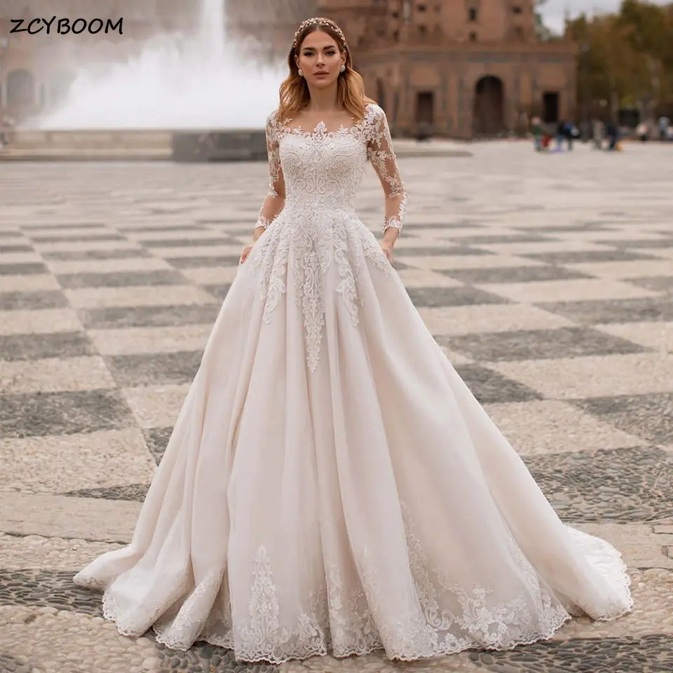 

Luxury Appliques Full Sleeves A-Line Wedding Dresses 2023 Scoop Neck Beading Court Train Princess Bride Gowns Vestido De Noiva