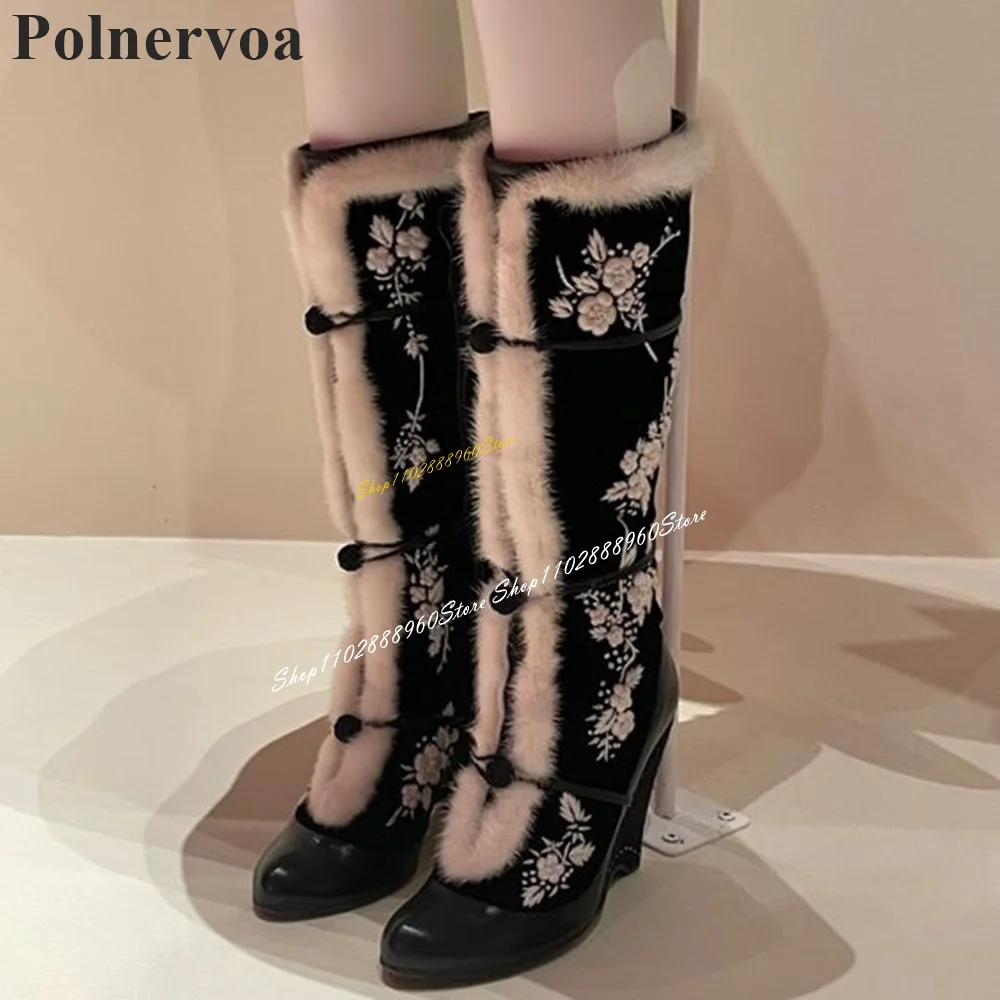 

Mid Calf Black Furry Embroider Boots Wedges Heel Shoes For Women Button Strap Round Toe 2024 Fashionable Zapatos Para Mujere